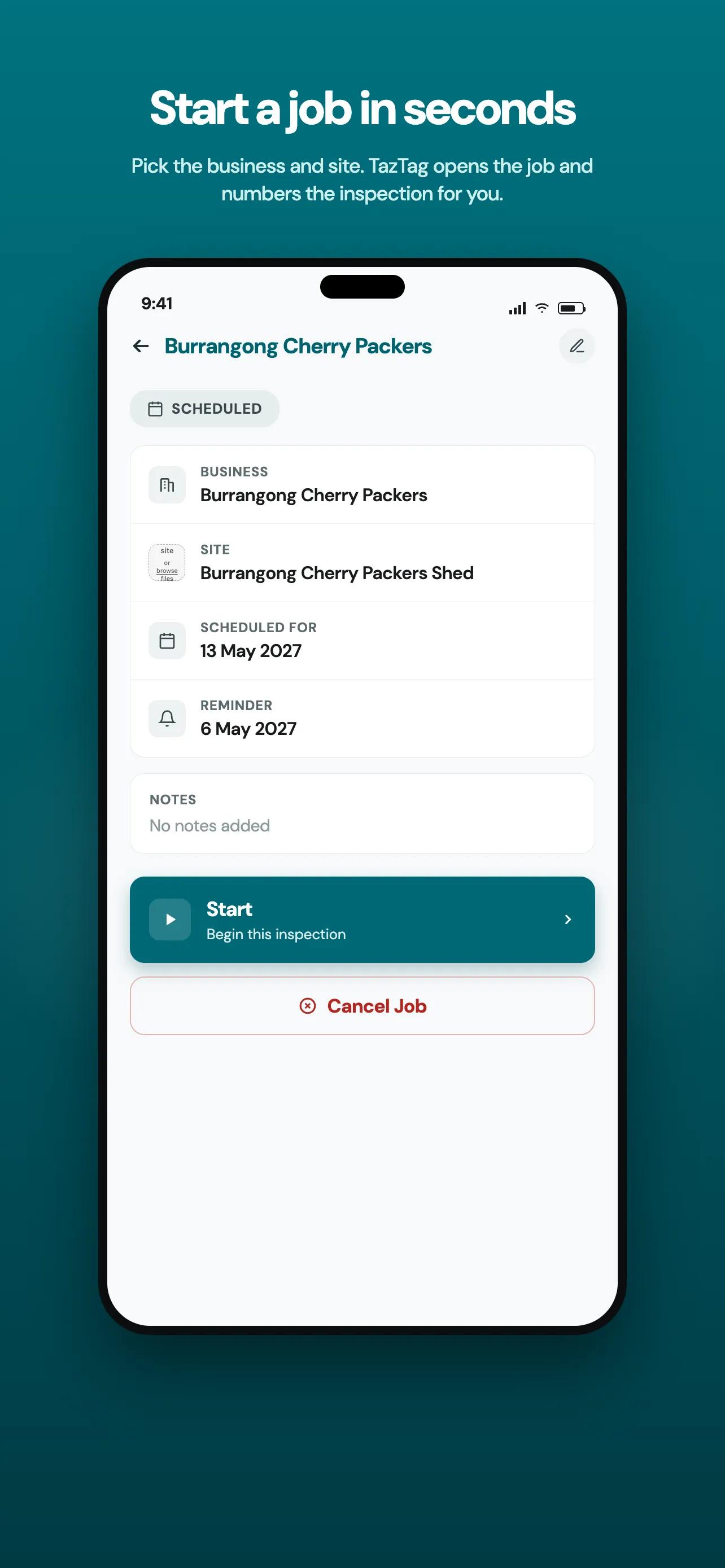 TazTag app screenshot: start a job in seconds
