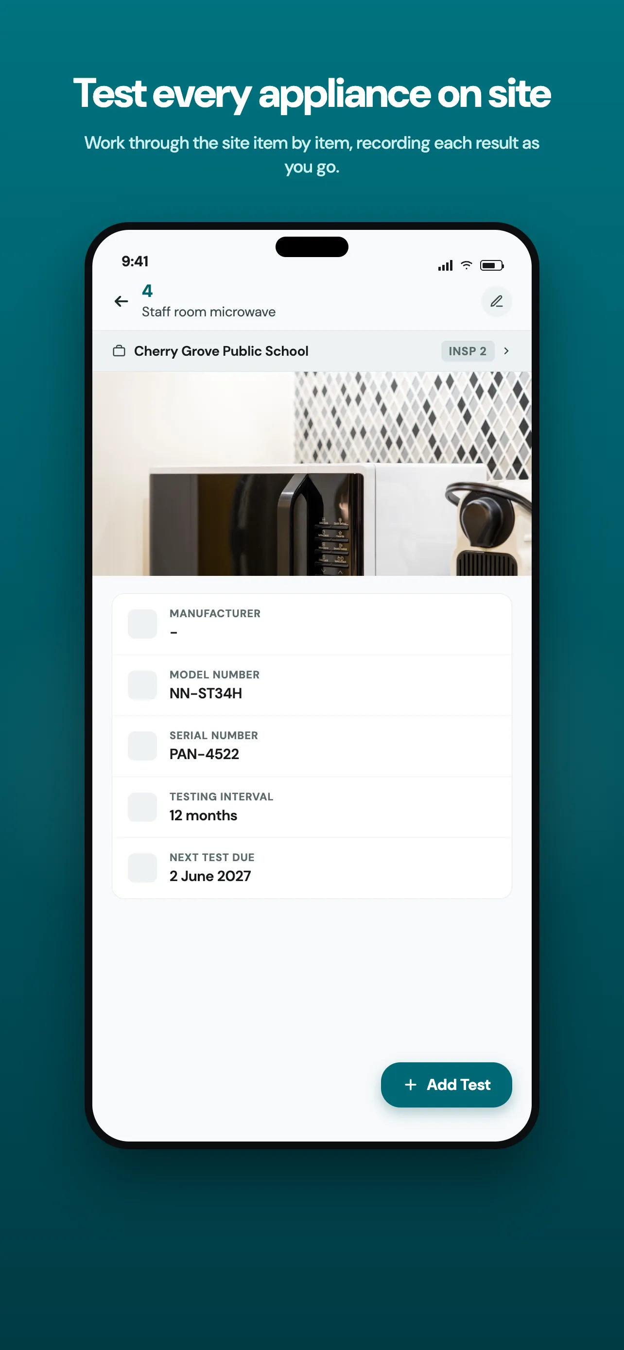 TazTag app screenshot: test every appliance on site