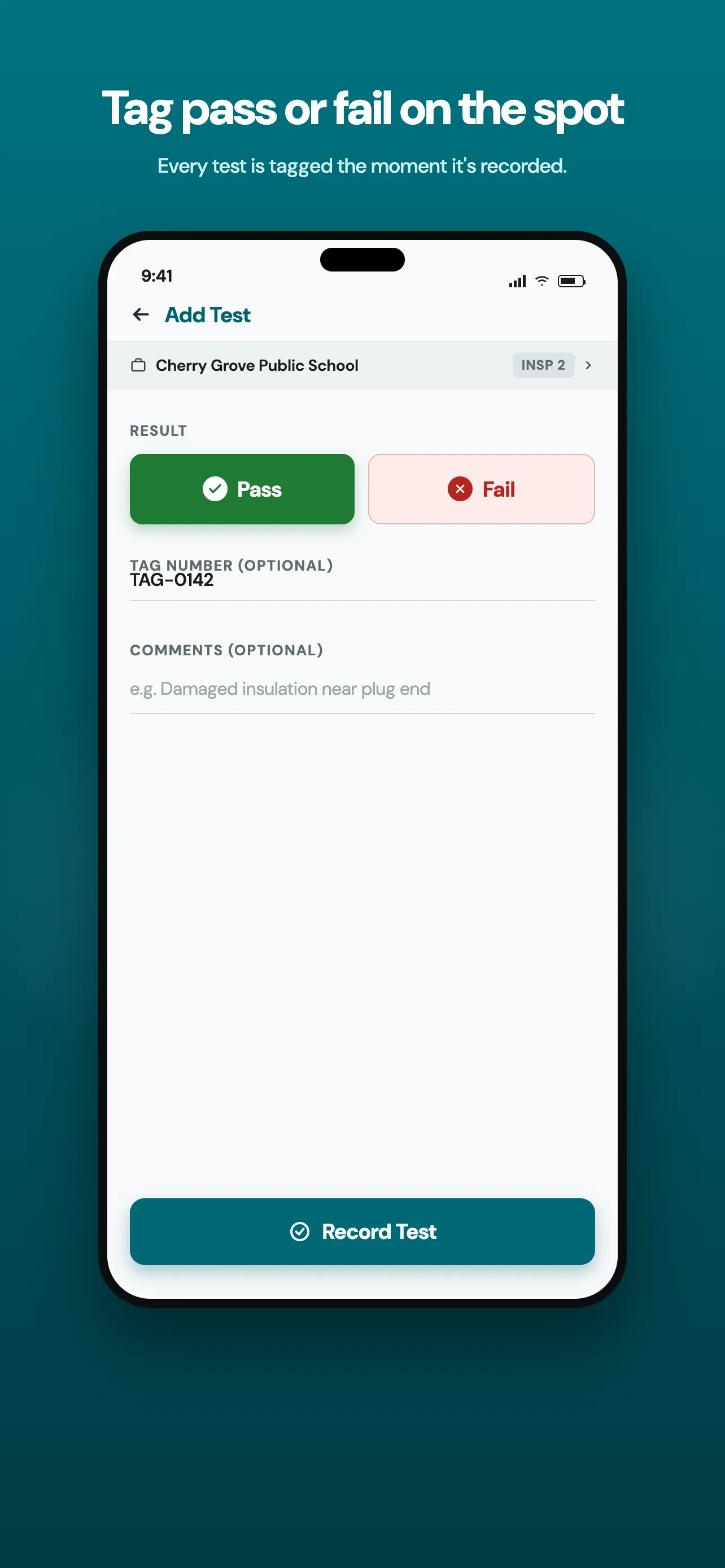 TazTag app screenshot: tag pass or fail on the spot