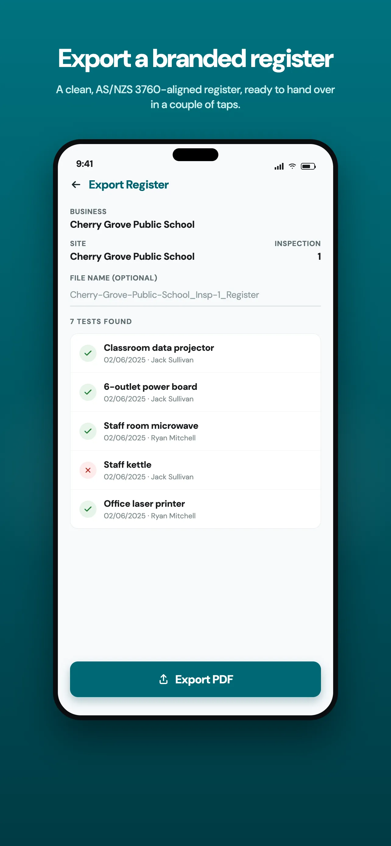 TazTag app screenshot: export a branded test and tag register
