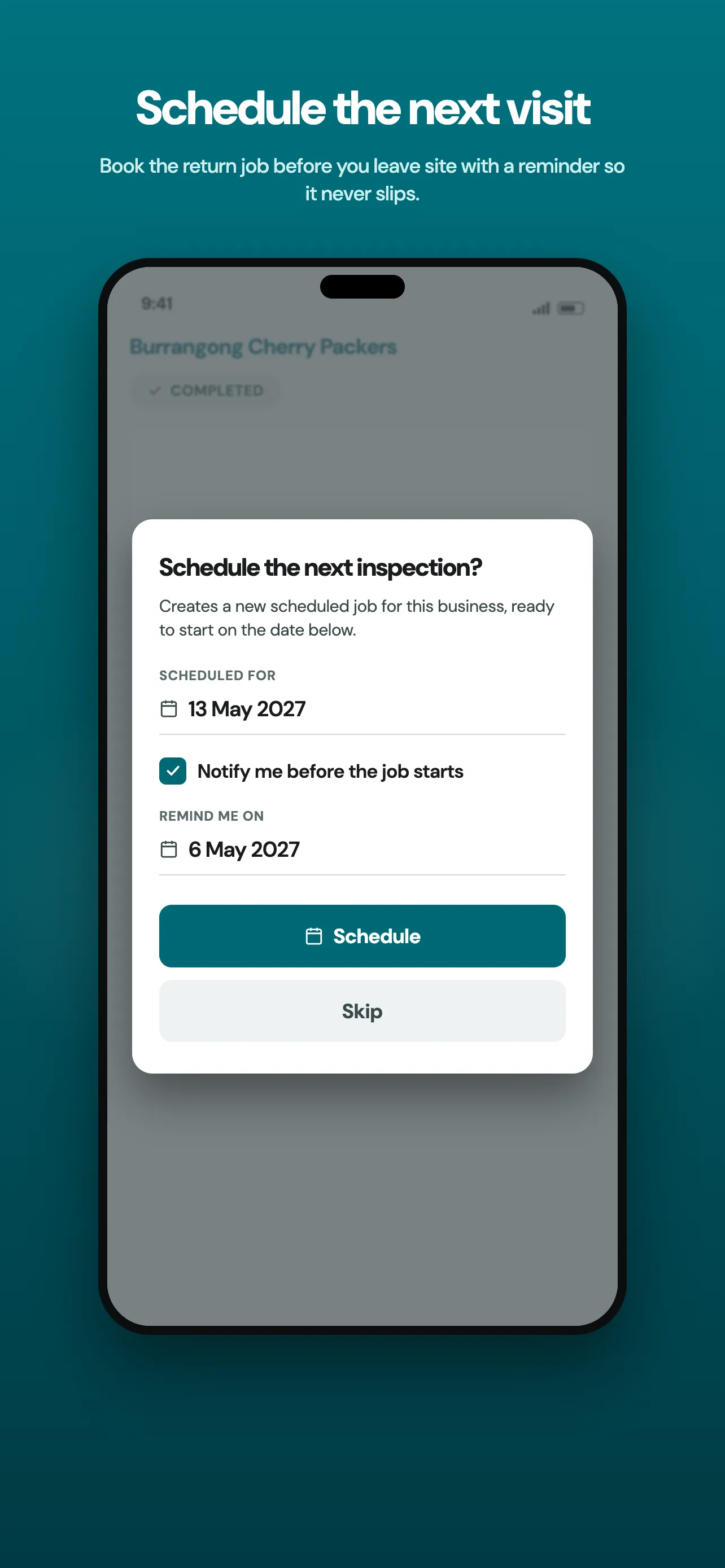 TazTag app screenshot: schedule the next visit
